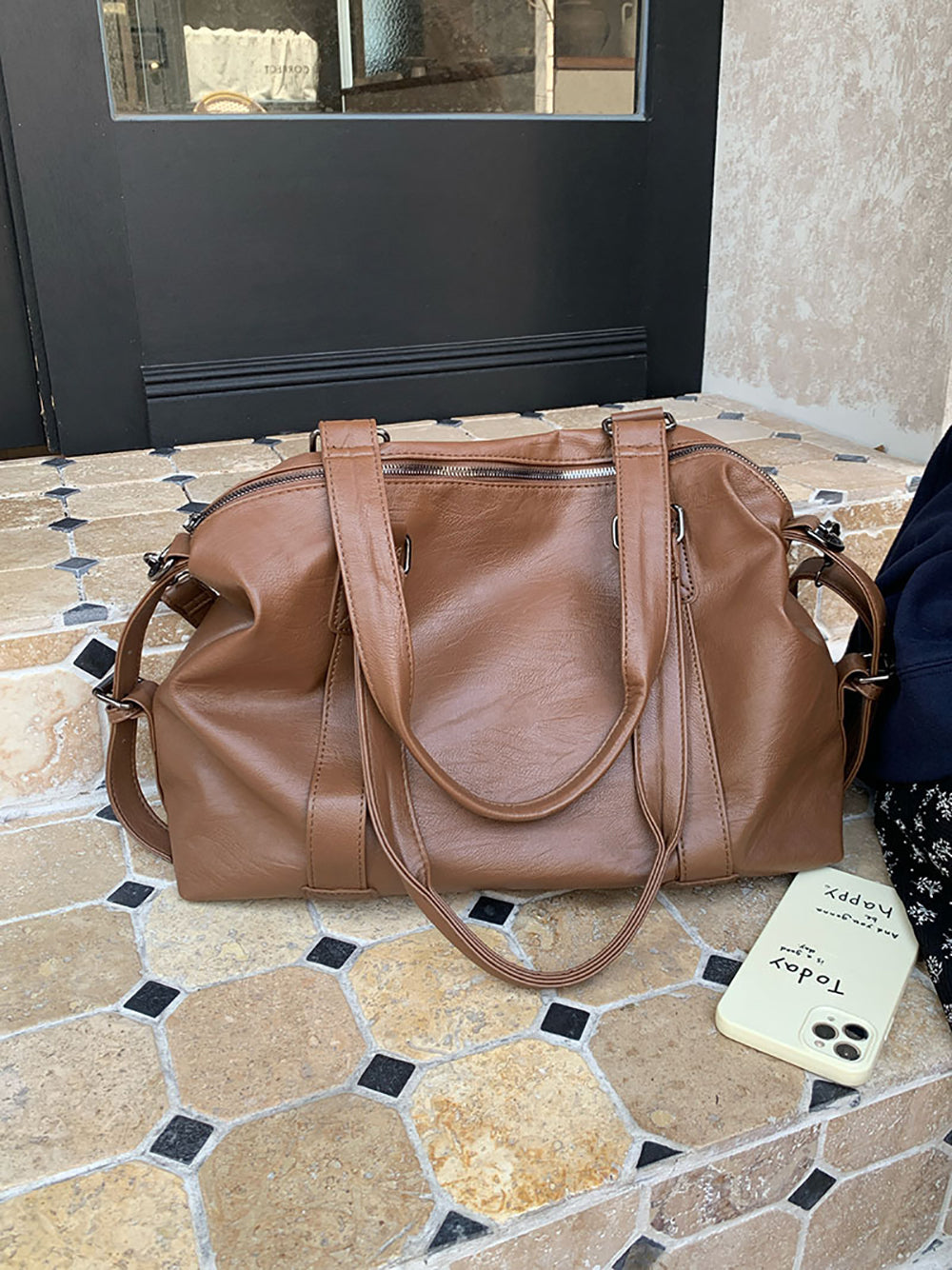 Brown Solid Two Handles Shoulder Bag