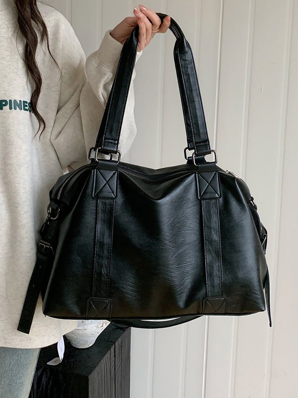 Black Solid Two Handles Shoulder Bag