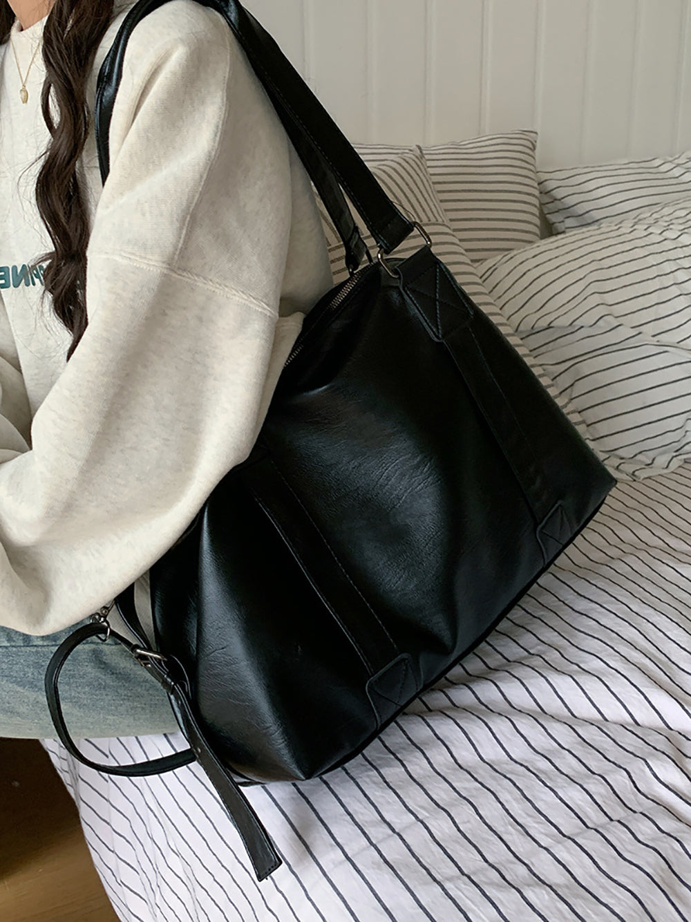 Black Solid Two Handles Shoulder Bag
