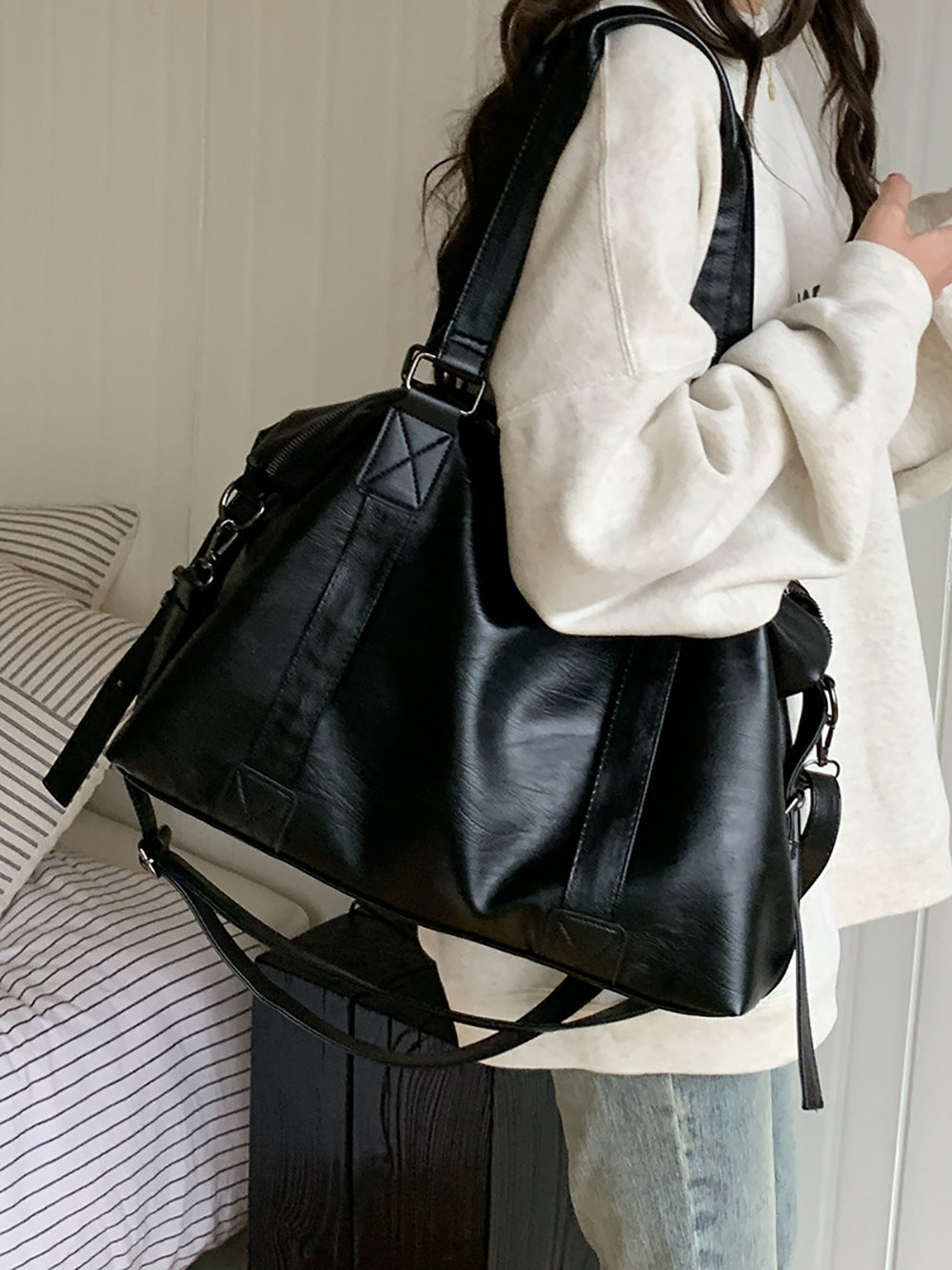 Black Solid Two Handles Shoulder Bag