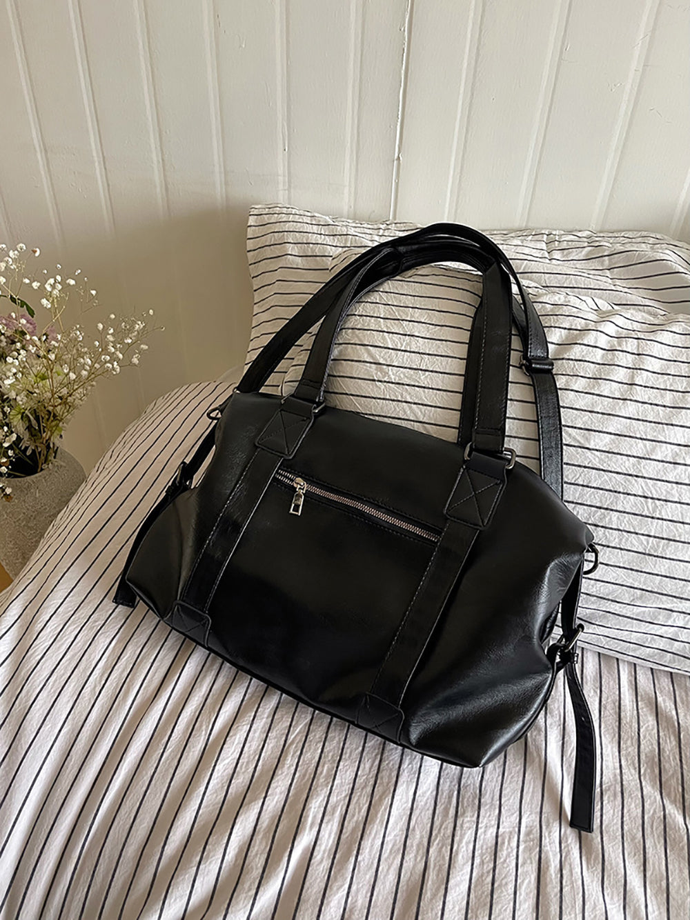 Black Solid Two Handles Shoulder Bag
