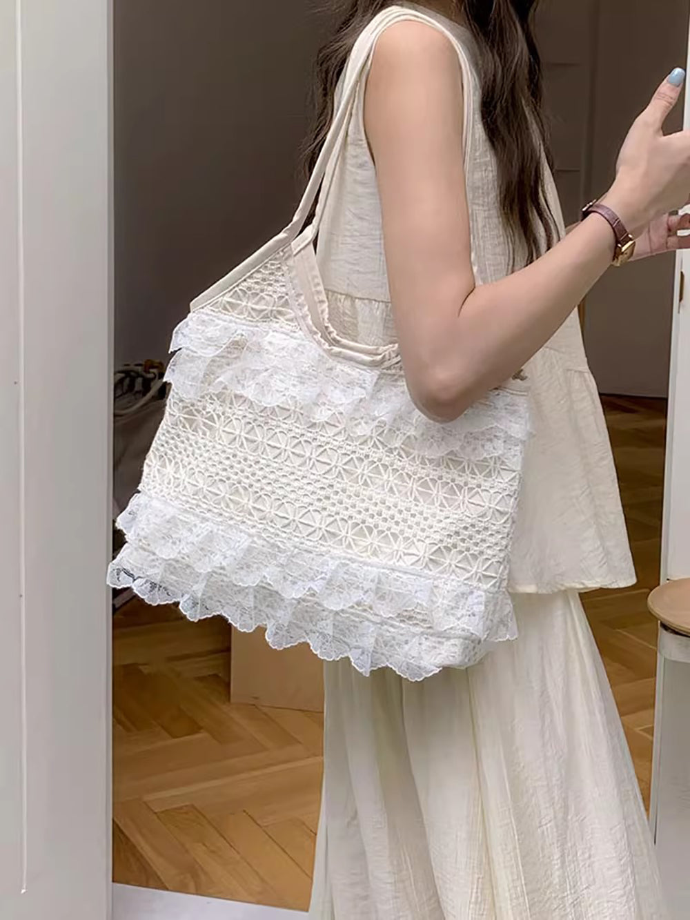 Off White Solid Two Handles Tote Bag