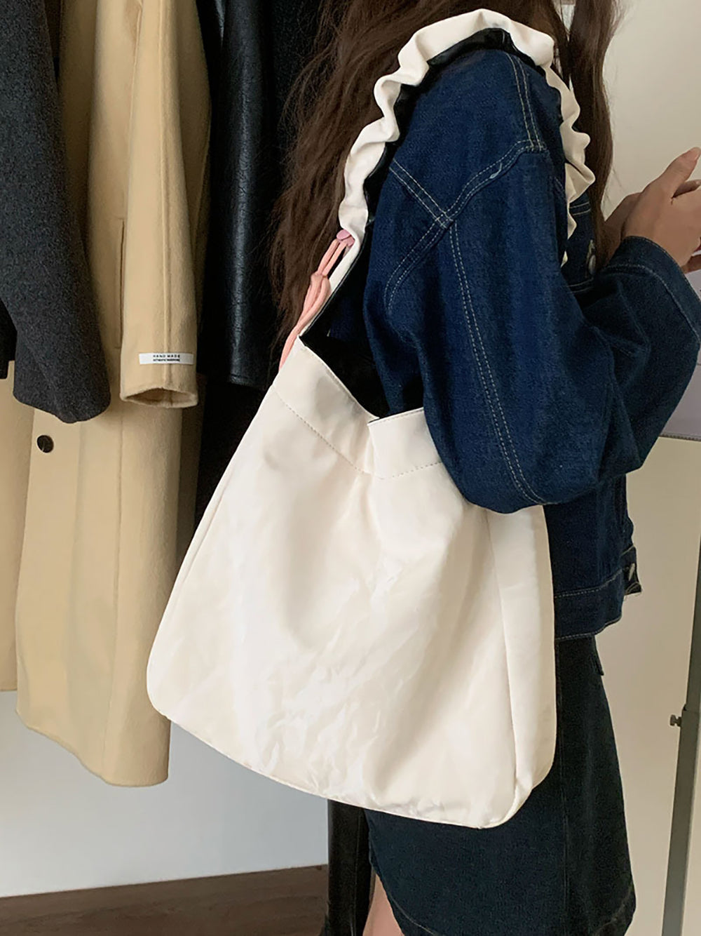 White Solid Two Handles Shoulder Bag