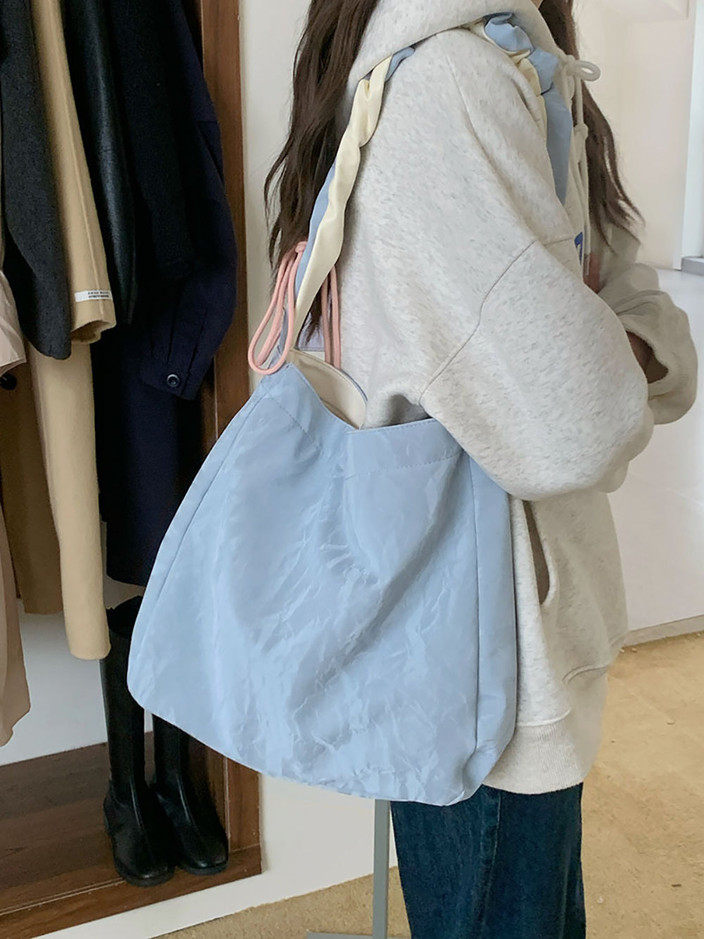 Blue Solid Two Handles Shoulder Bag