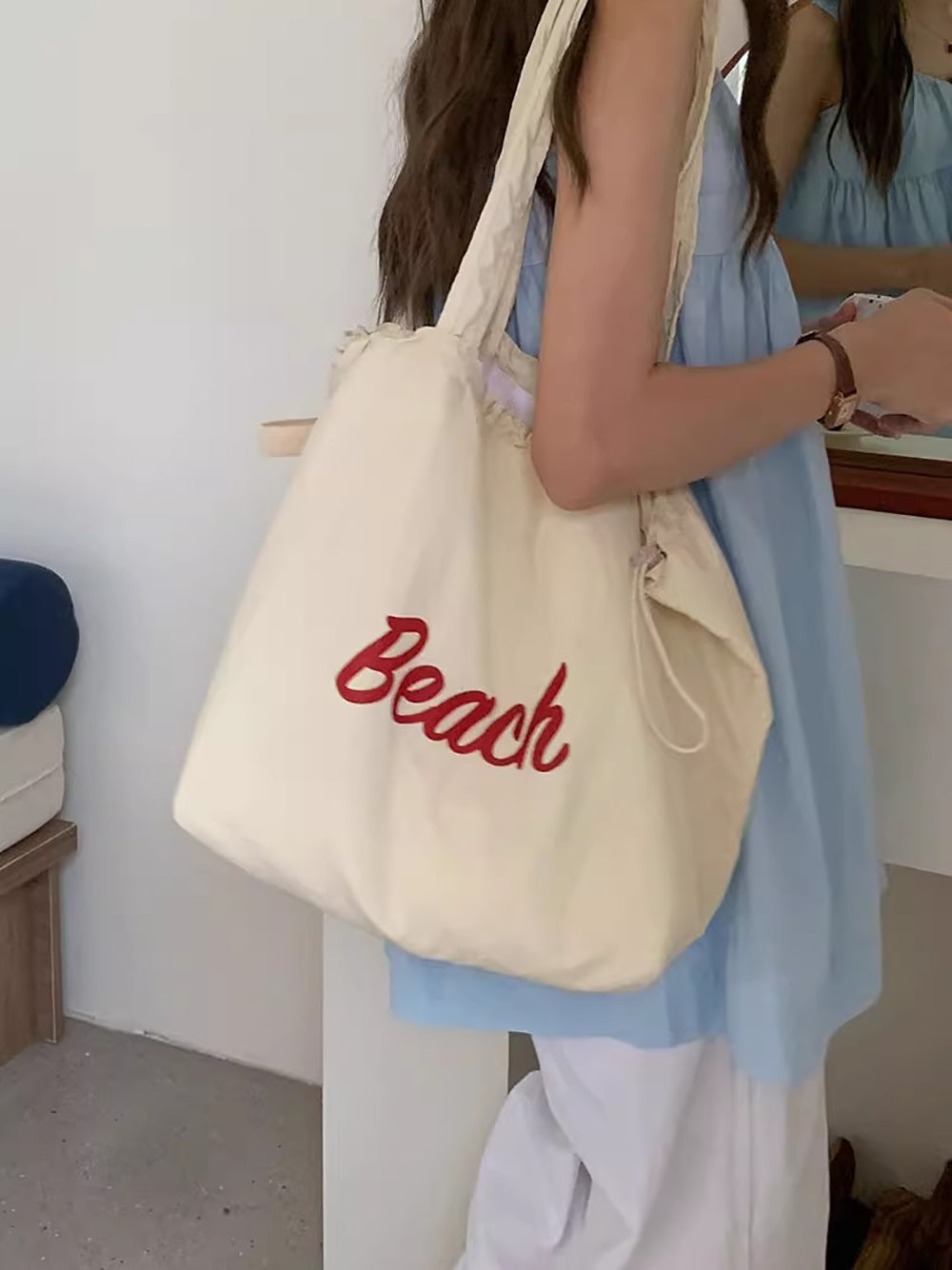 White Printed Two Handles Shoulder Bag