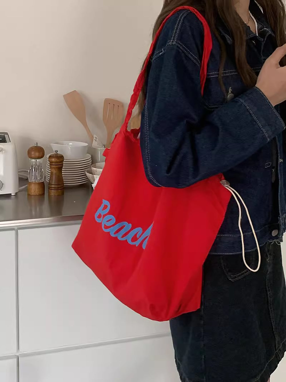 Red Printed Two Handles Shoulder Bag