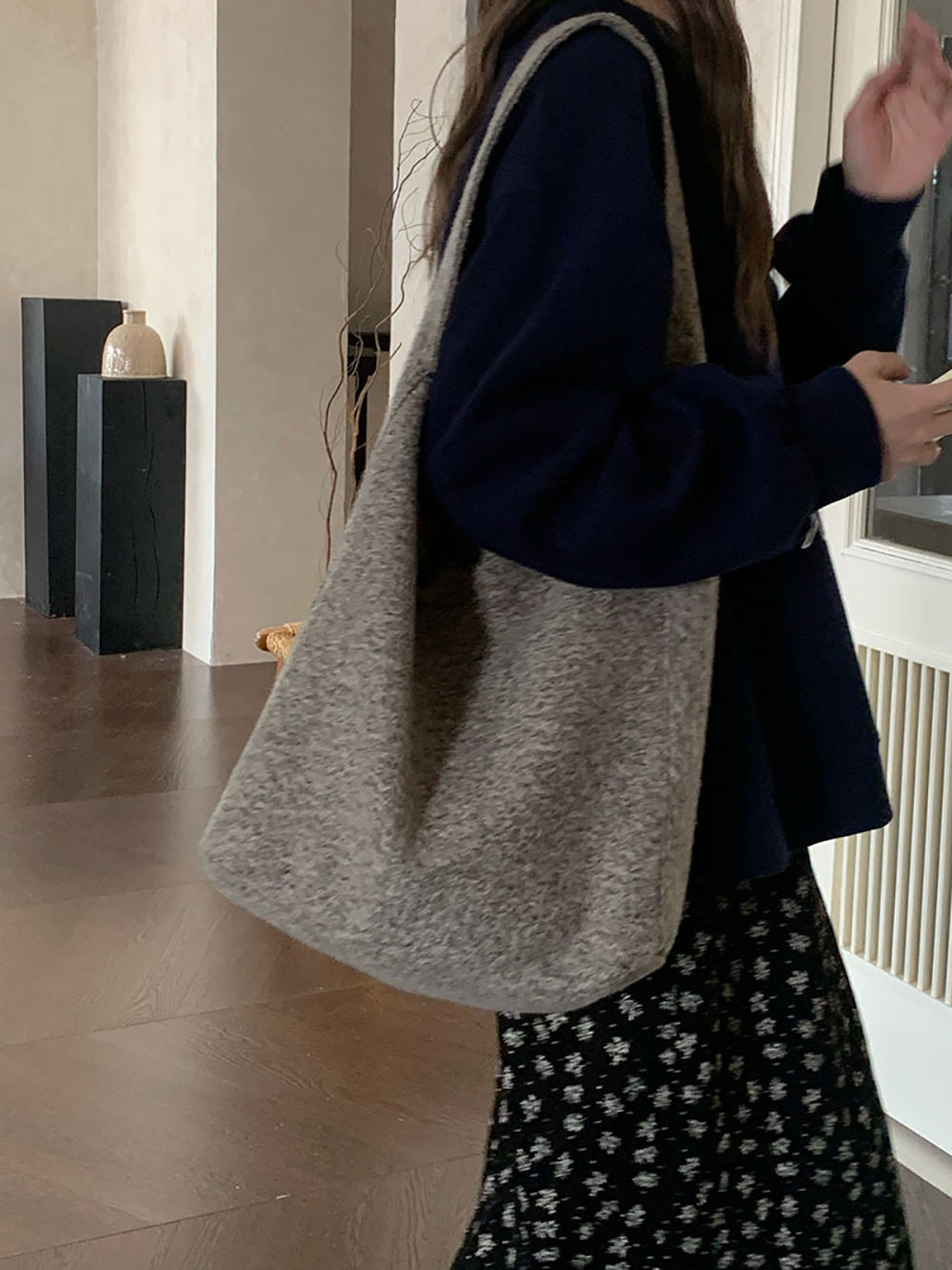 Grey Solid Two Handles Shoulder Bag