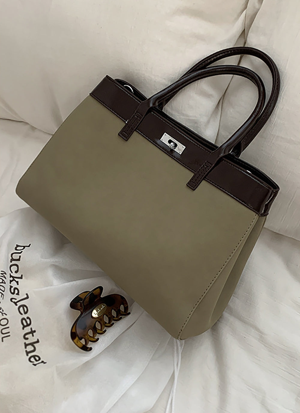 Green Solid Two Handles Handheld Bag