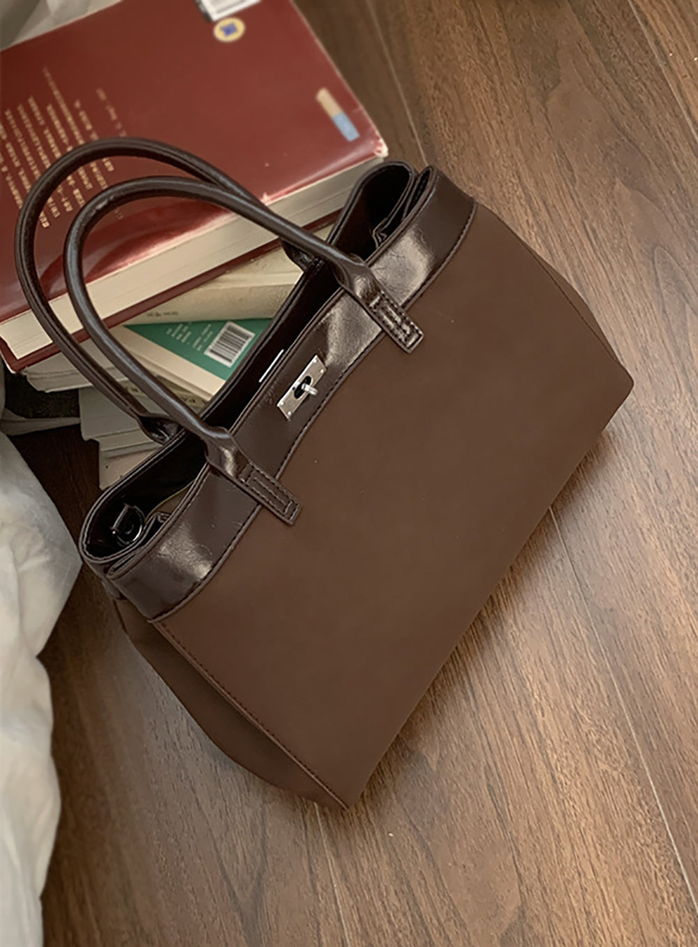 Khaki Solid Two Handles Handheld Bag