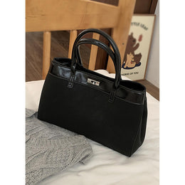 Black Solid Two Handles Handheld Bag