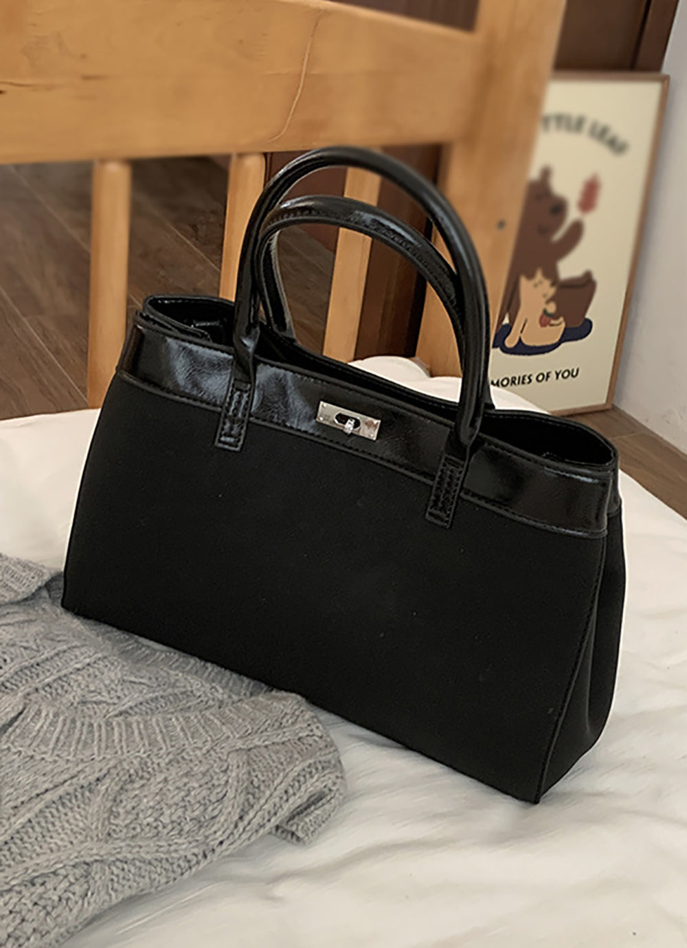 Black Solid Two Handles Handheld Bag