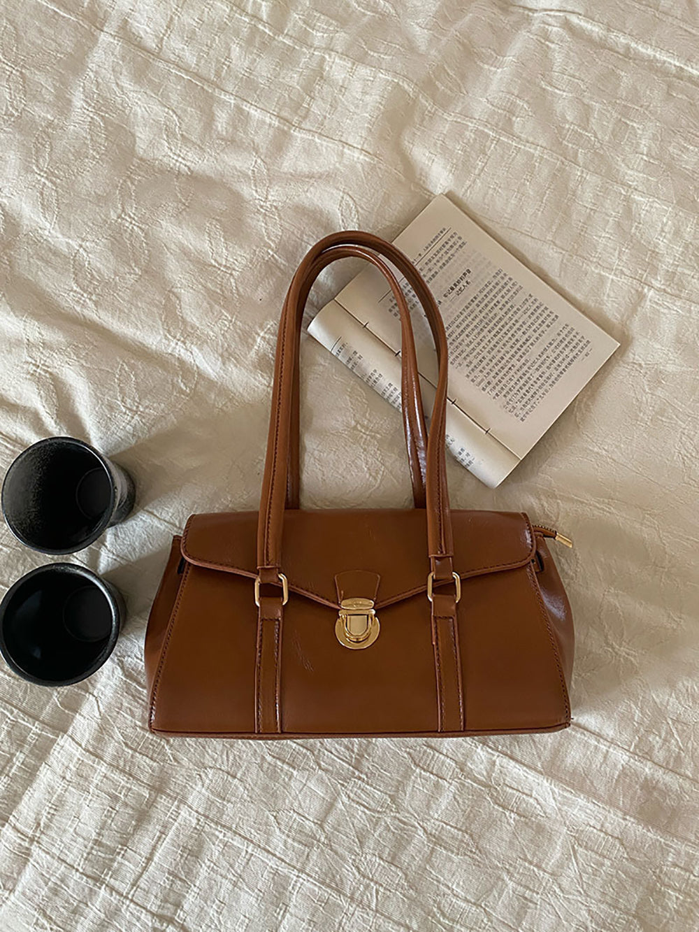 Brown Solid Two Handles Shoulder Bag