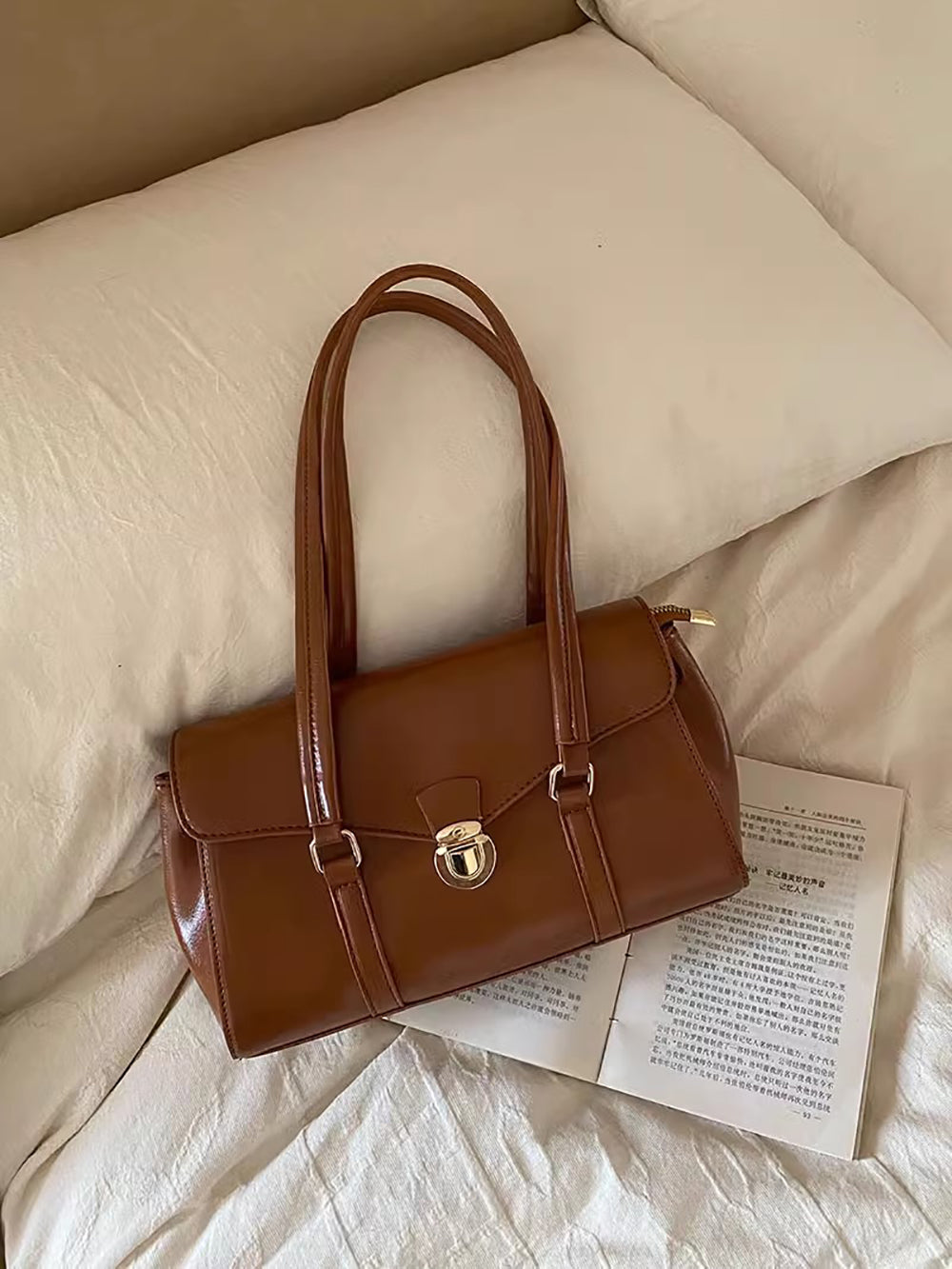 Brown Solid Two Handles Shoulder Bag