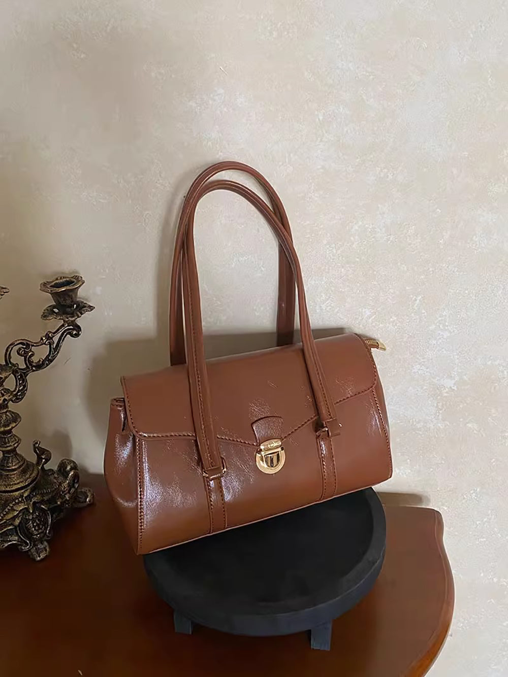 Brown Solid Two Handles Shoulder Bag