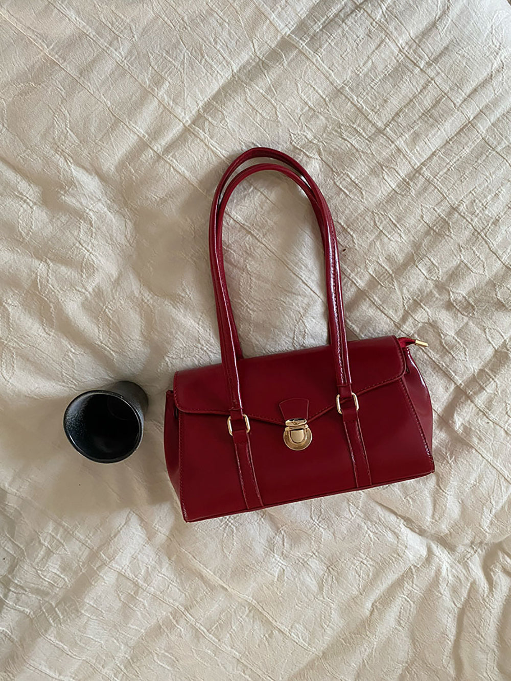 Red Solid Two Handles Shoulder Bag