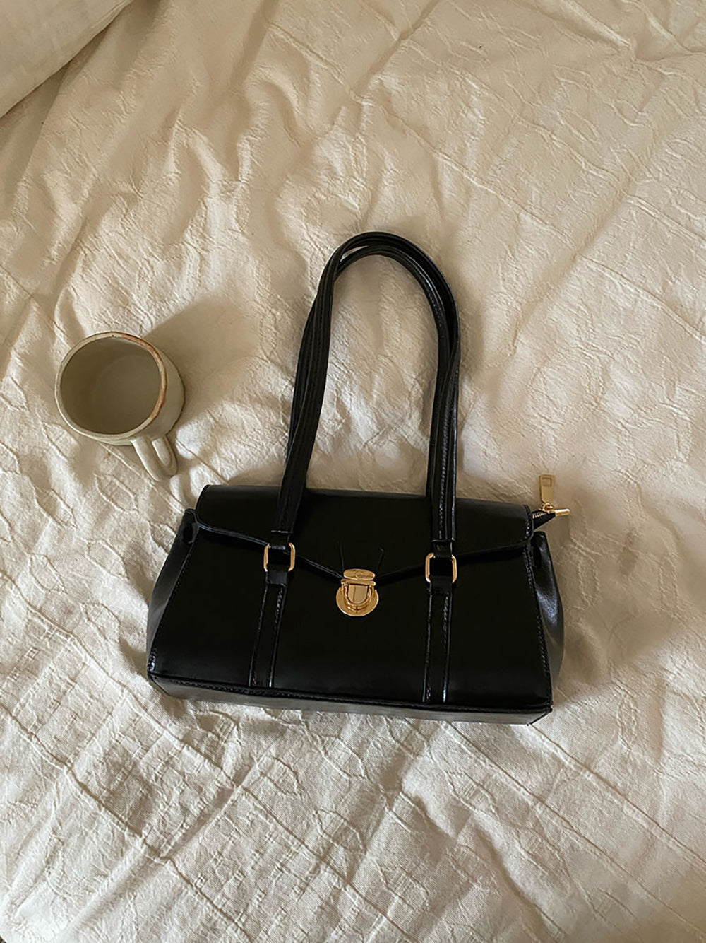 Black Solid Two Handles Shoulder Bag
