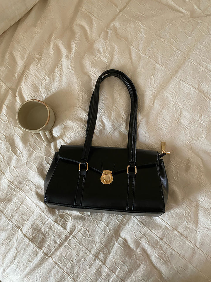 Black Solid Two Handles Shoulder Bag