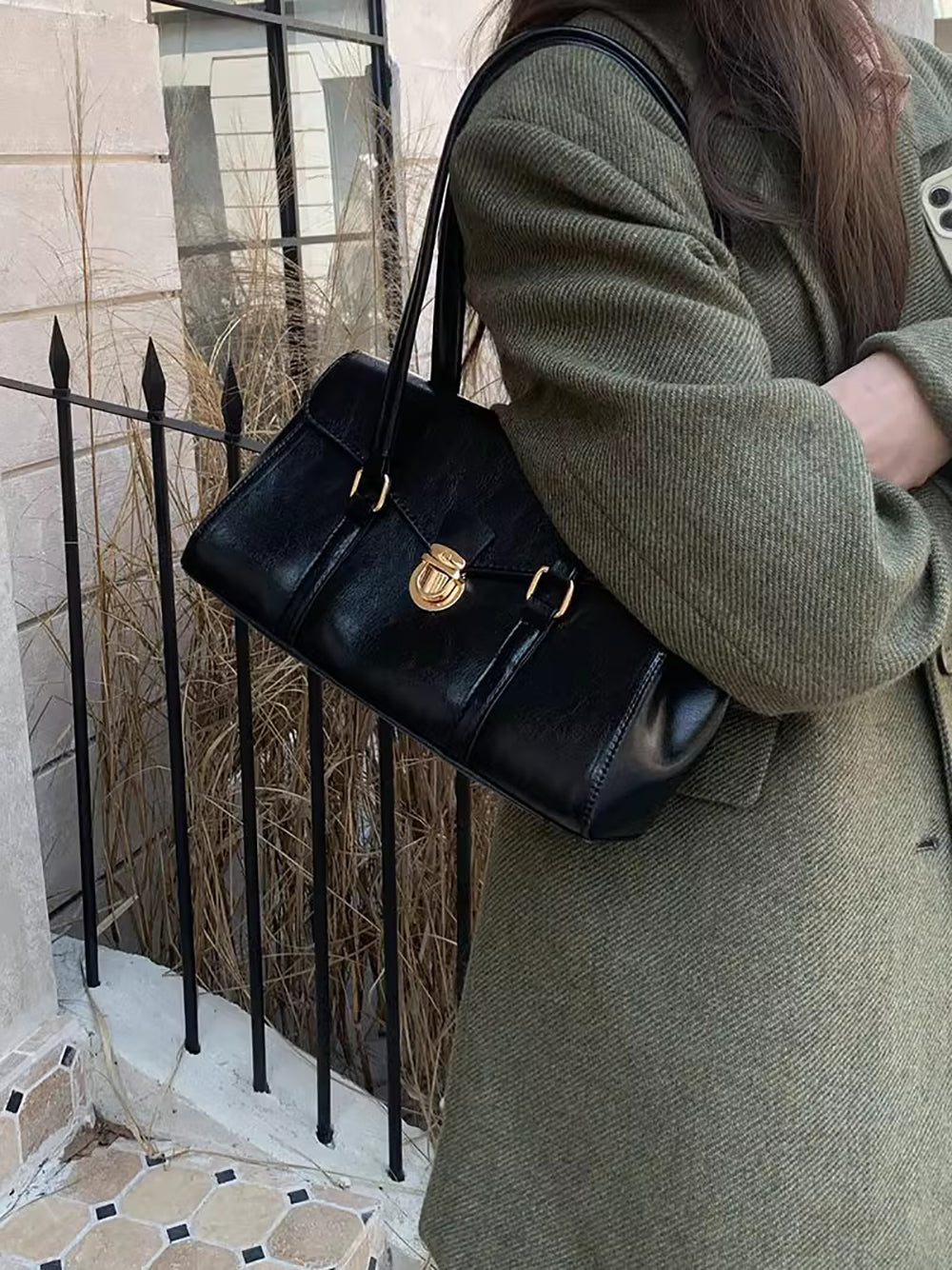 Black Solid Two Handles Shoulder Bag
