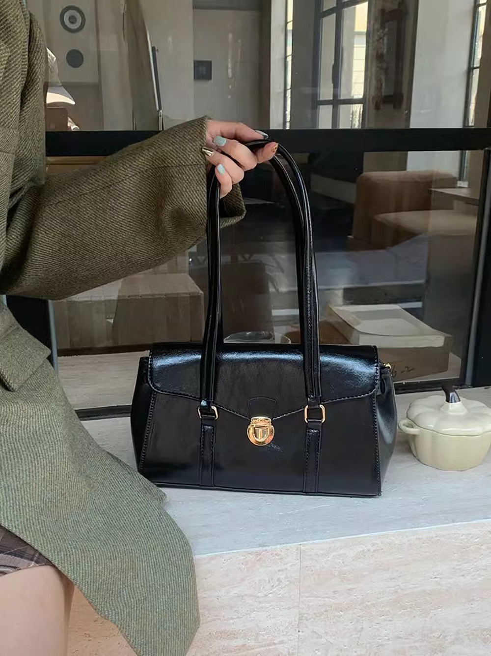 Black Solid Two Handles Shoulder Bag