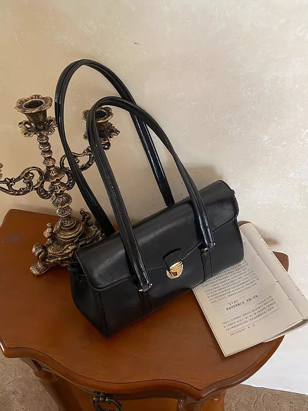 Black Solid Two Handles Shoulder Bag