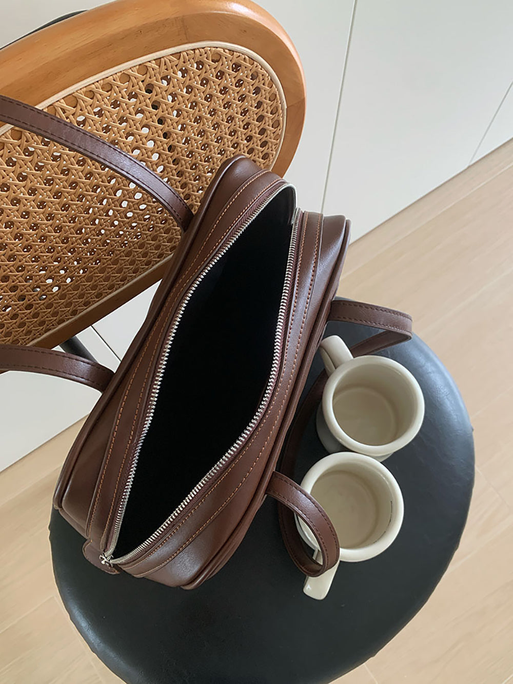 Coffee Solid Two Handles Sling Bag