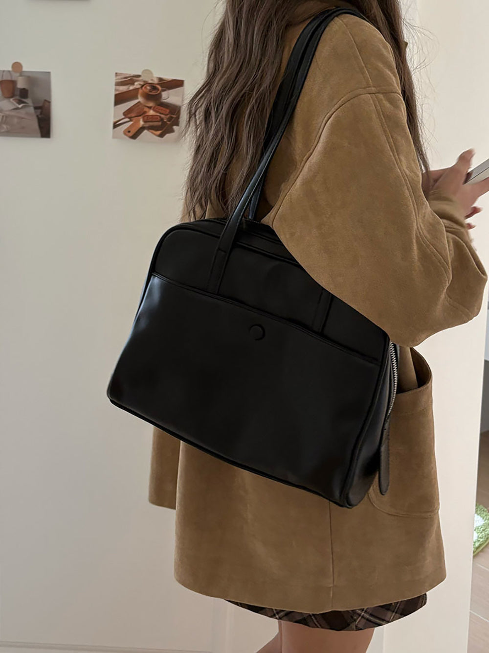 Black Solid Two Handles Sling Bag