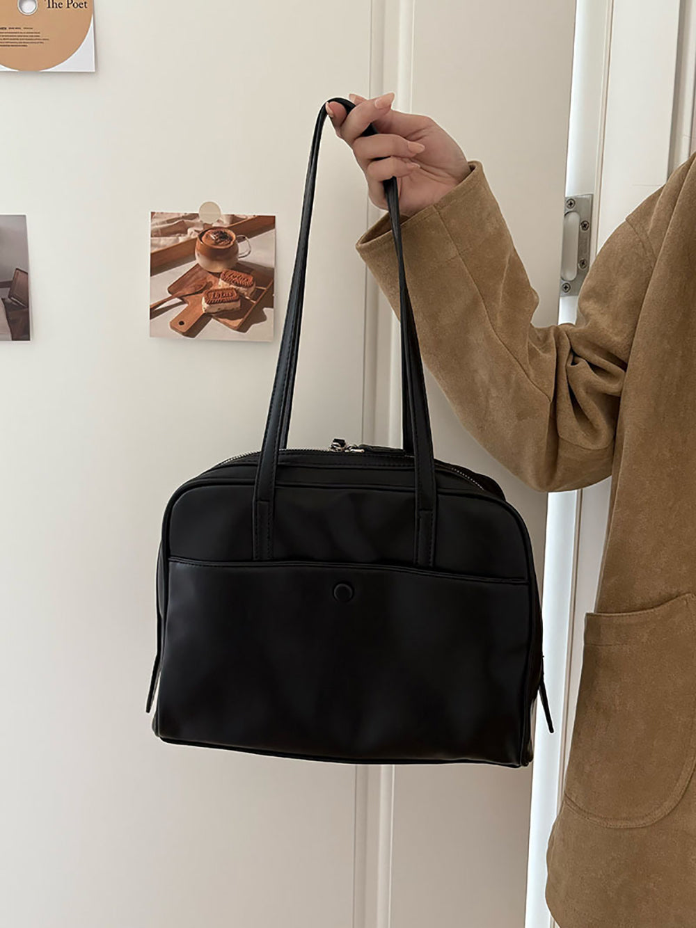 Black Solid Two Handles Sling Bag