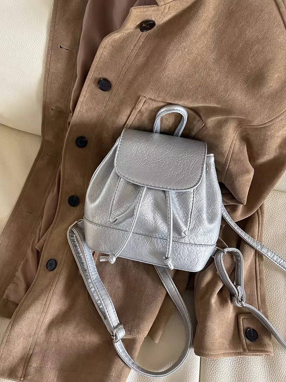 Silver Solid Two Handles Shoulder Bag