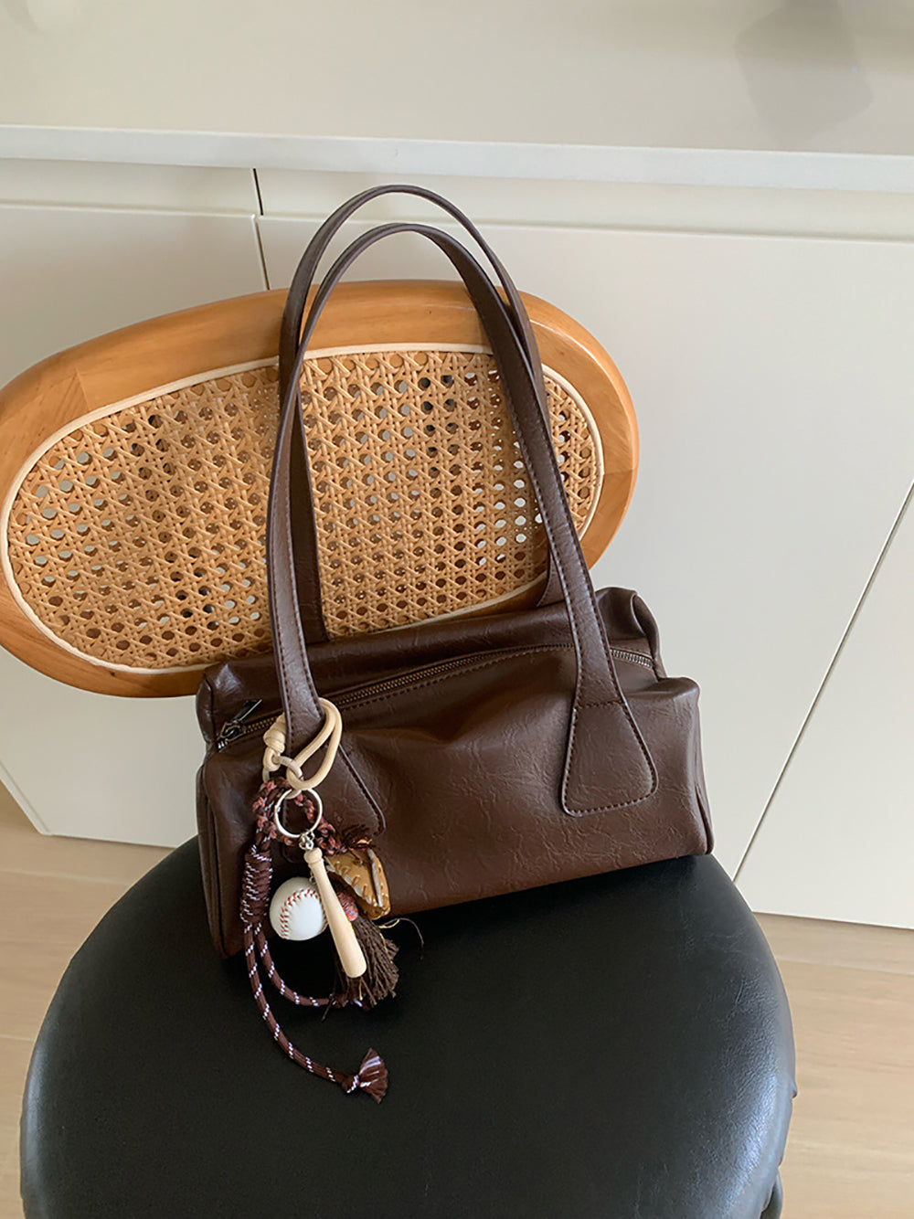 Coffee Solid Two Handles Shoulder Bag