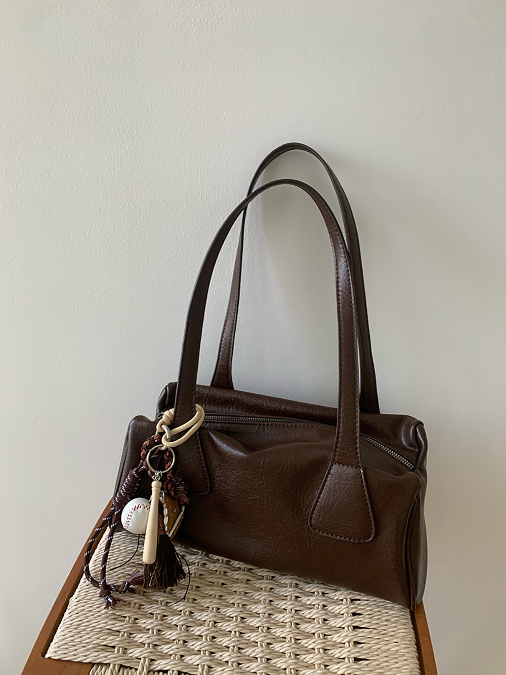 Coffee Solid Two Handles Shoulder Bag