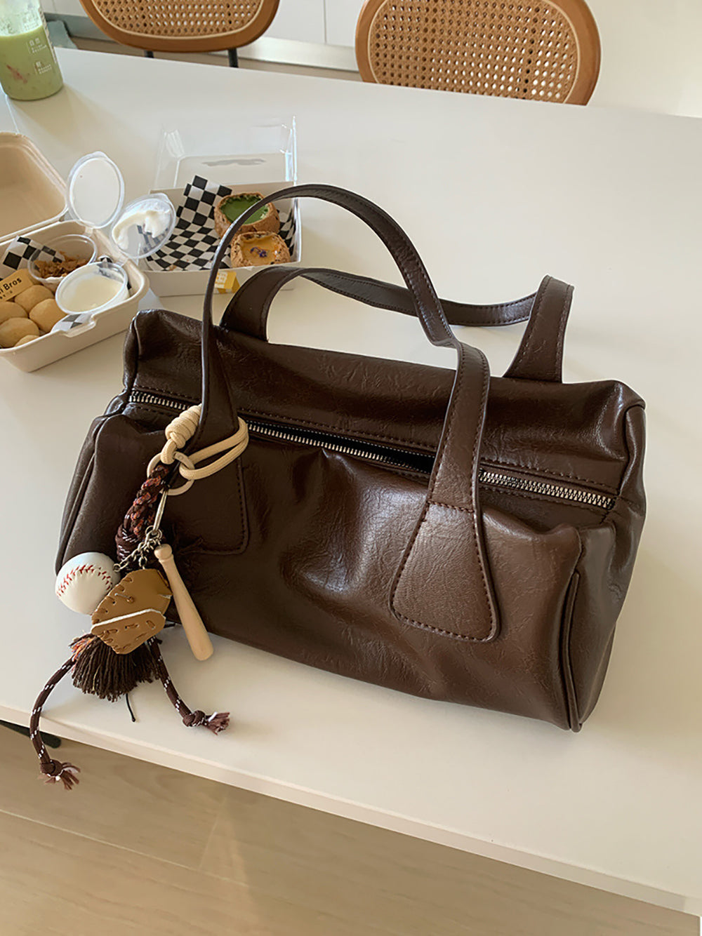 Coffee Solid Two Handles Shoulder Bag