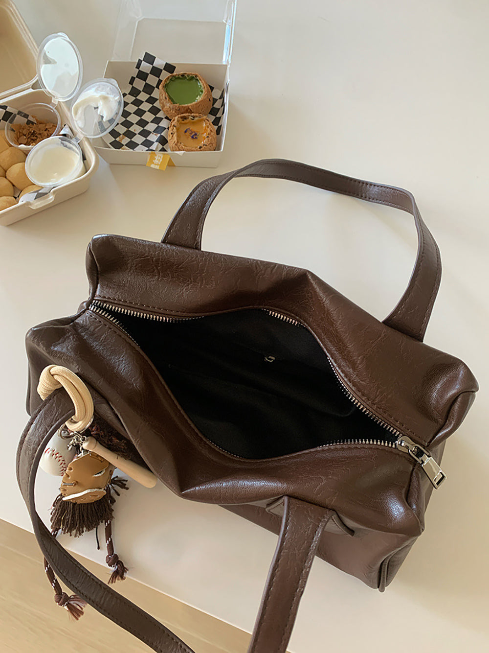 Coffee Solid Two Handles Shoulder Bag