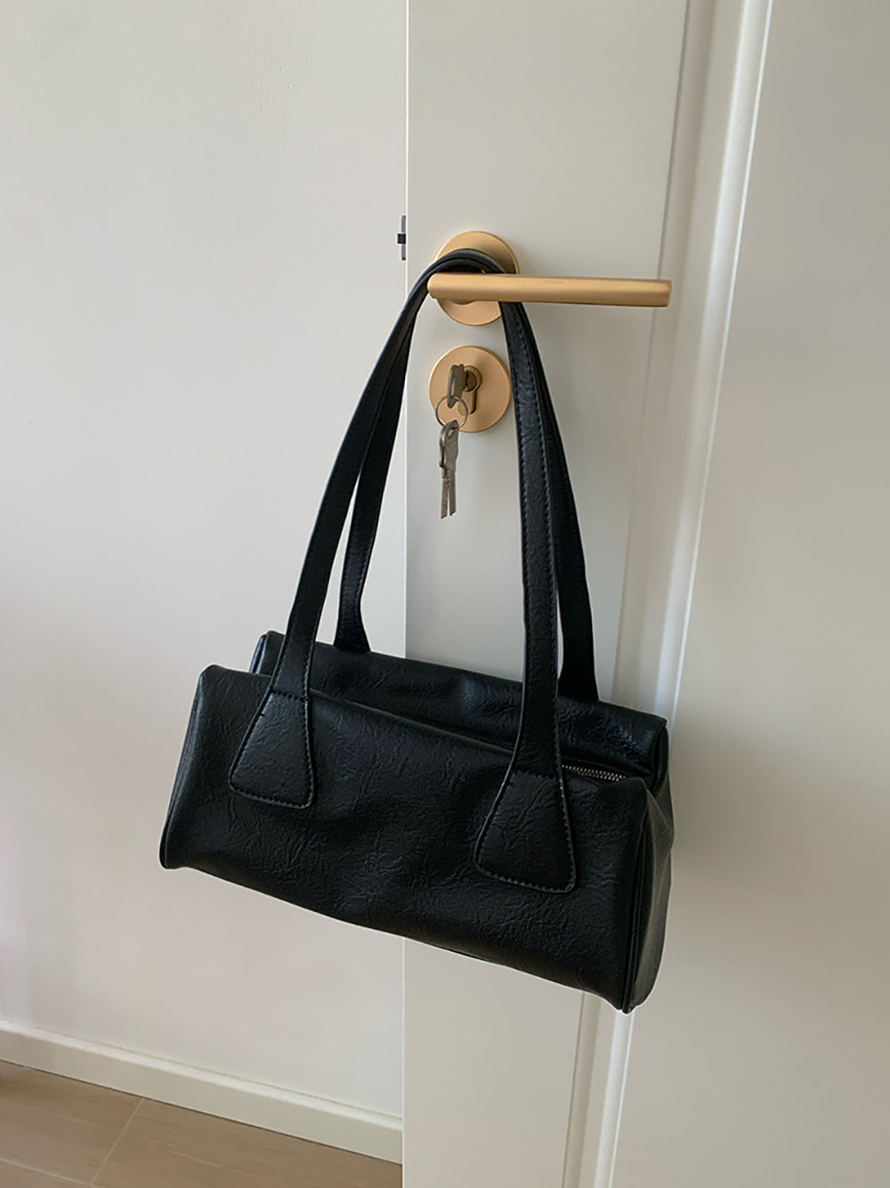 Black Solid Two Handles Shoulder Bag