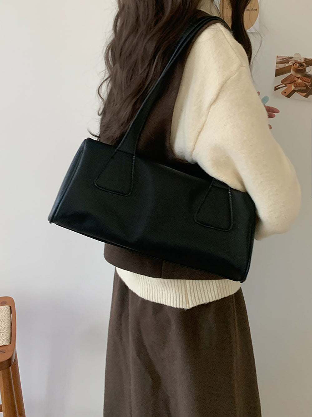 Black Solid Two Handles Shoulder Bag