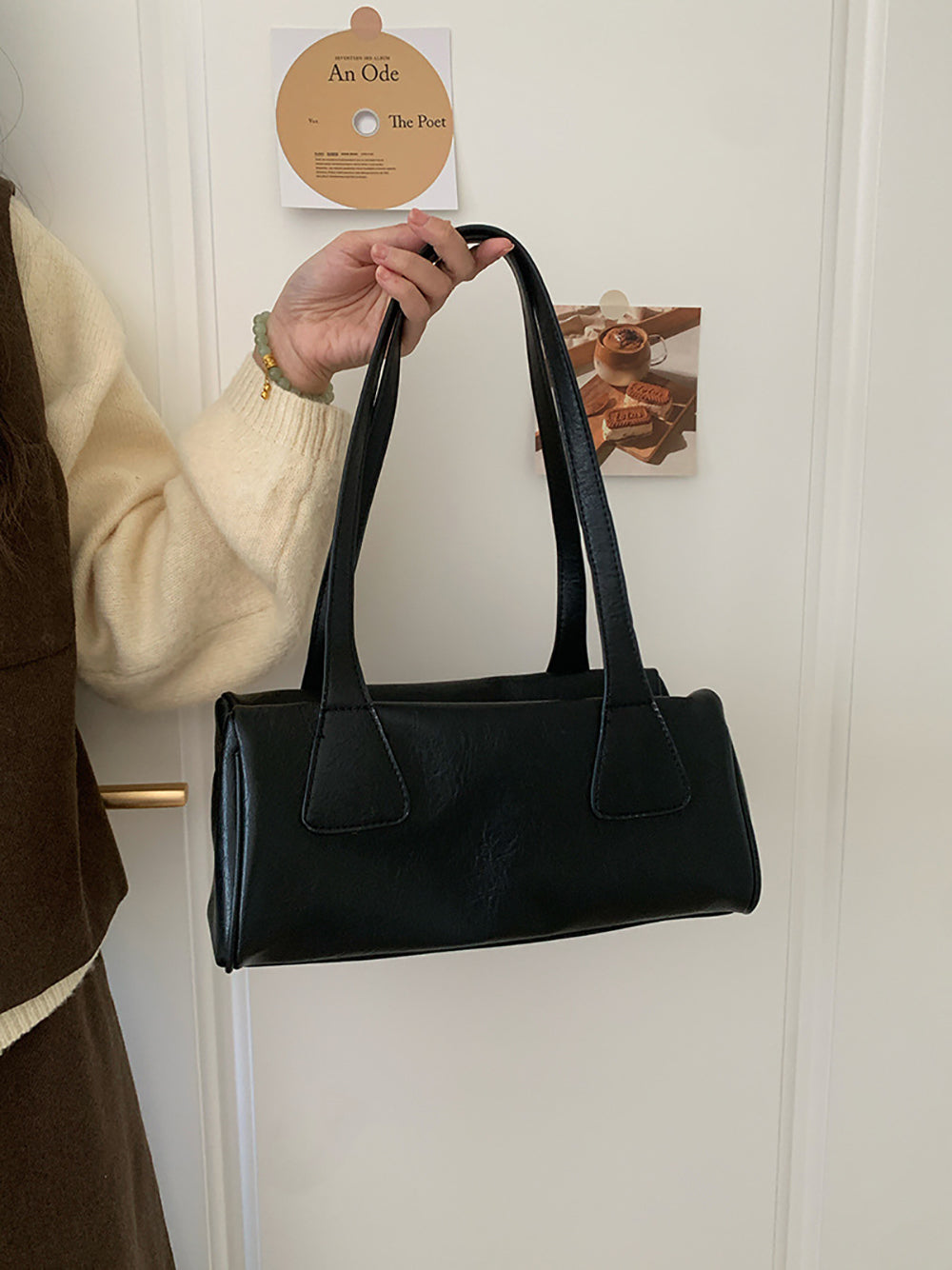 Black Solid Two Handles Shoulder Bag