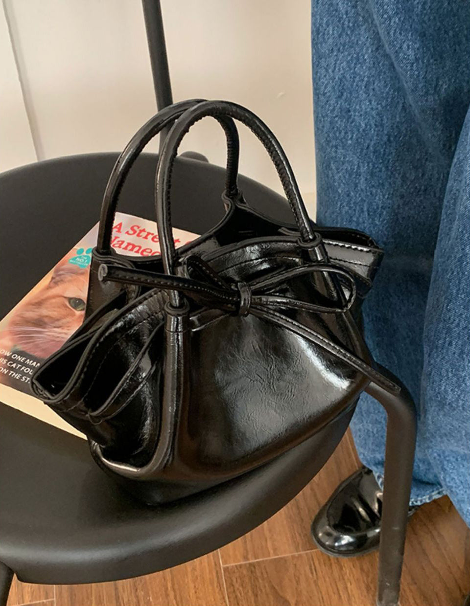 Black Solid Two Handles Sling Bag