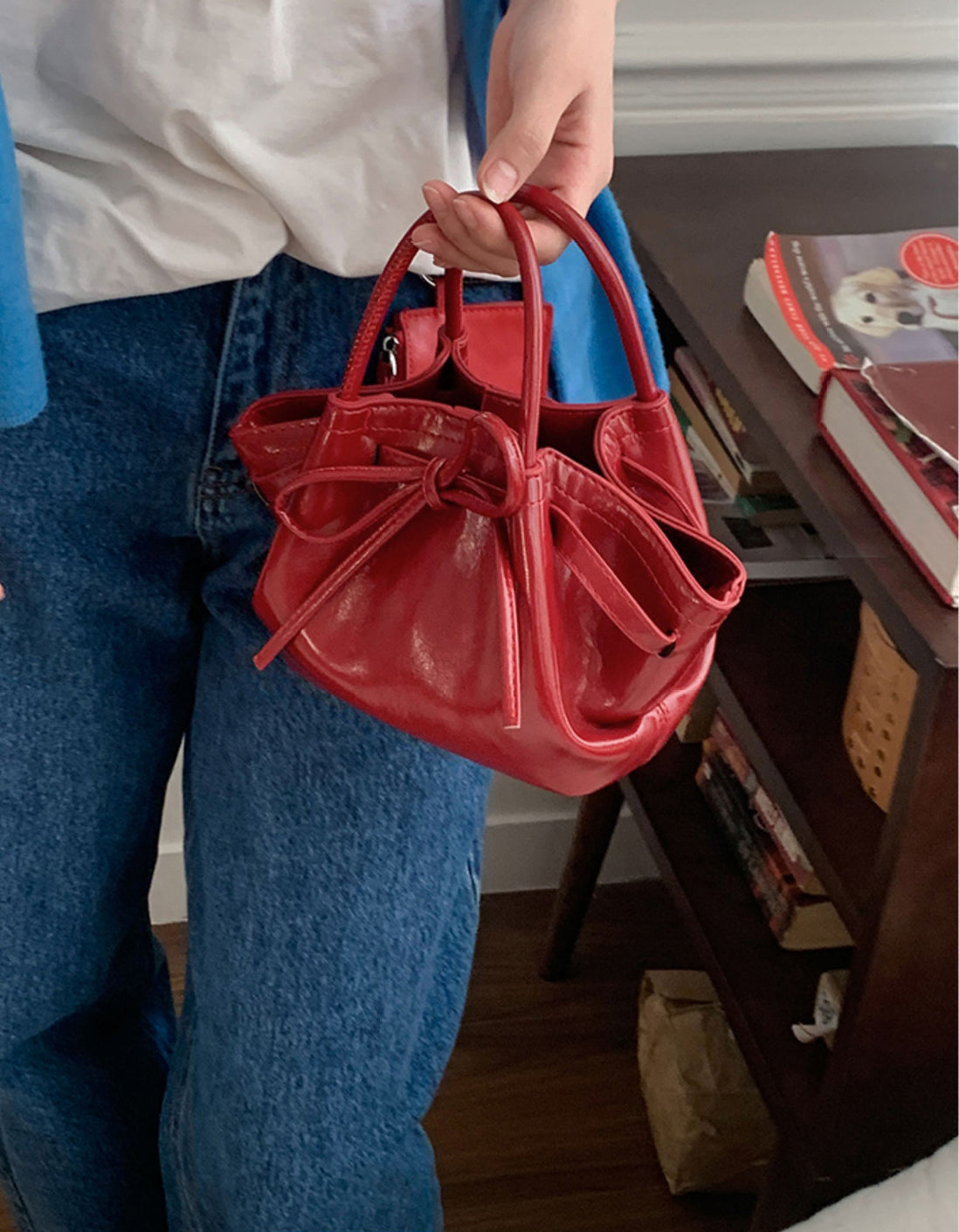 Red Solid Two Handles Sling Bag