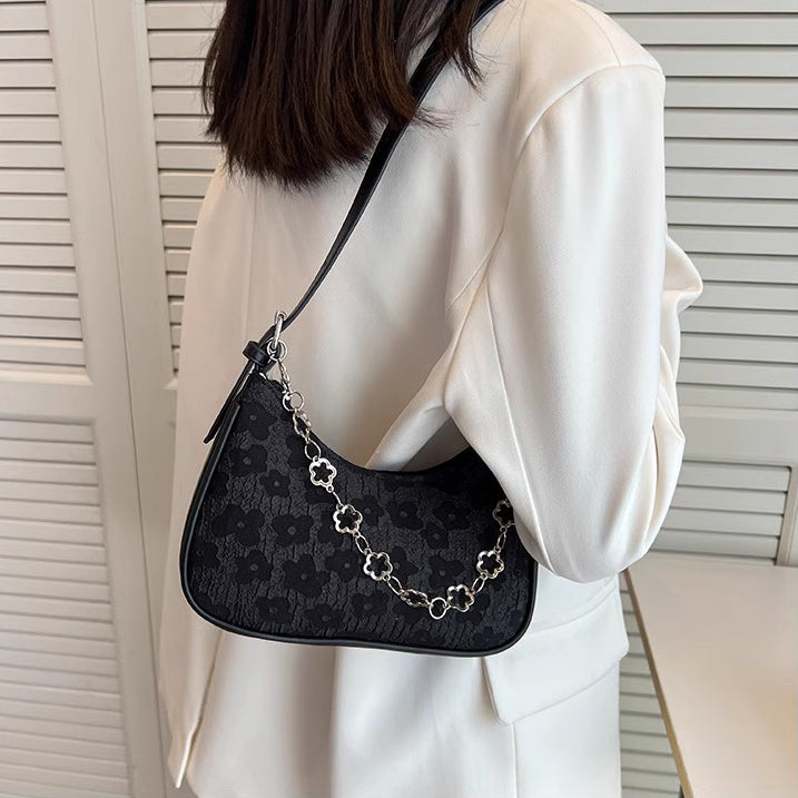 Black Printed One Handle Hobo Bag