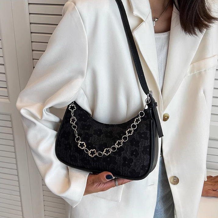 Black Printed One Handle Hobo Bag