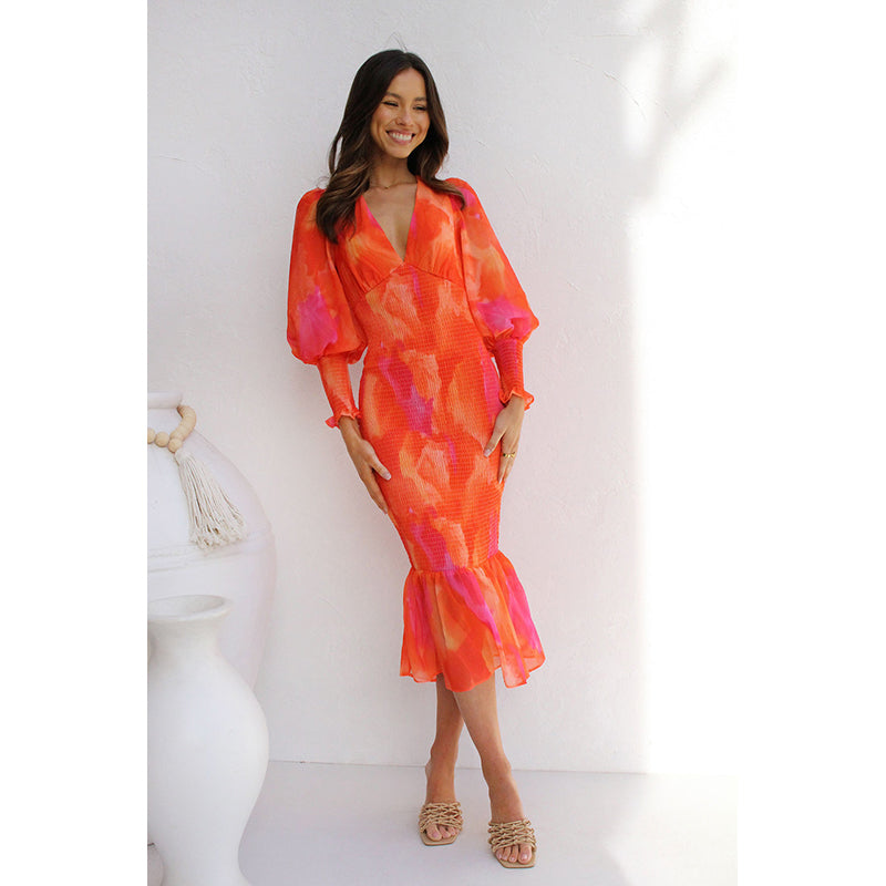 Orange Abstract Printed cuffed Sleeve Ruffled Sheath Midi Dress