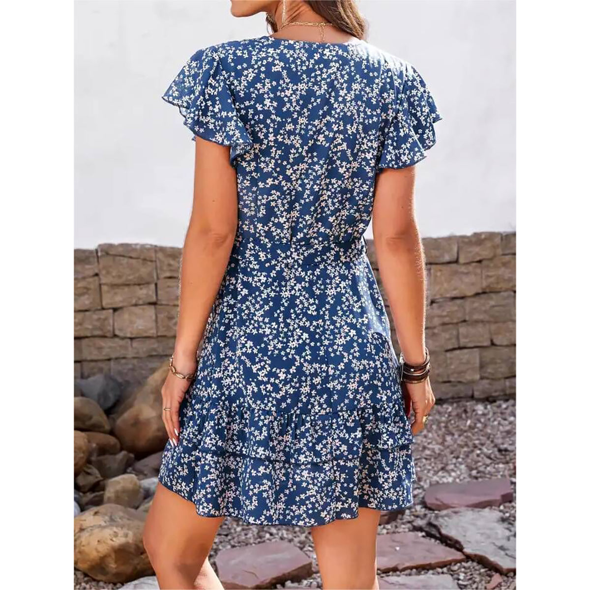 Indigo Floral Printed Flutter Sleeves Layered Casual Fit & Flare Dress