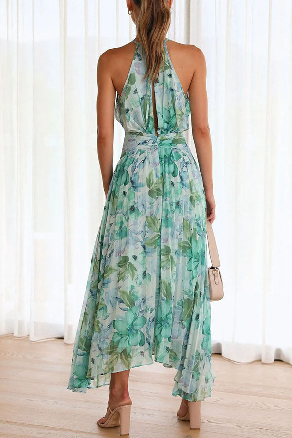 Green Floral Print Sleeveless Maxi Dress