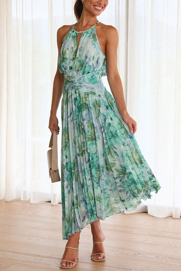 Green Floral Print Sleeveless Maxi Dress