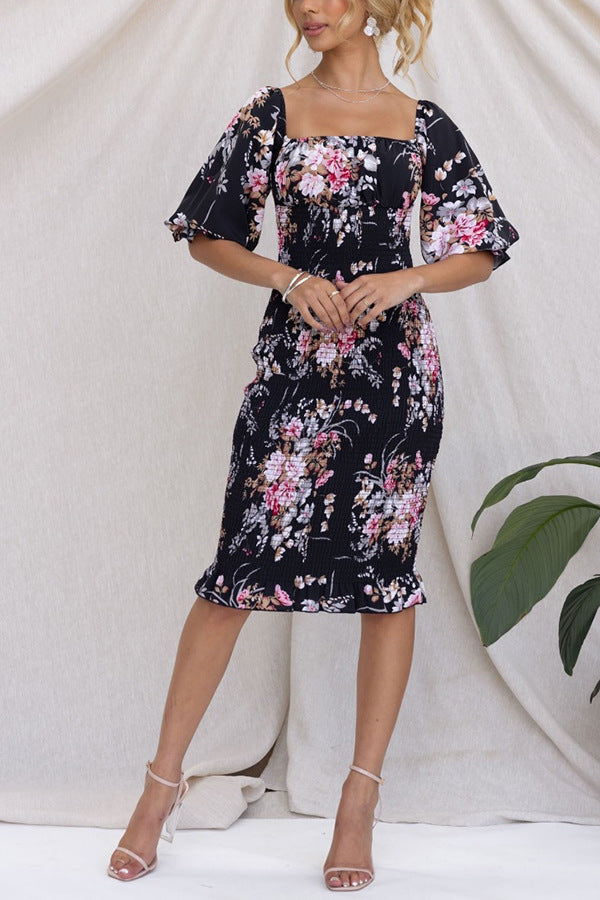Black Floral Printed Square Neck Puff Sleeve A-Line Dress