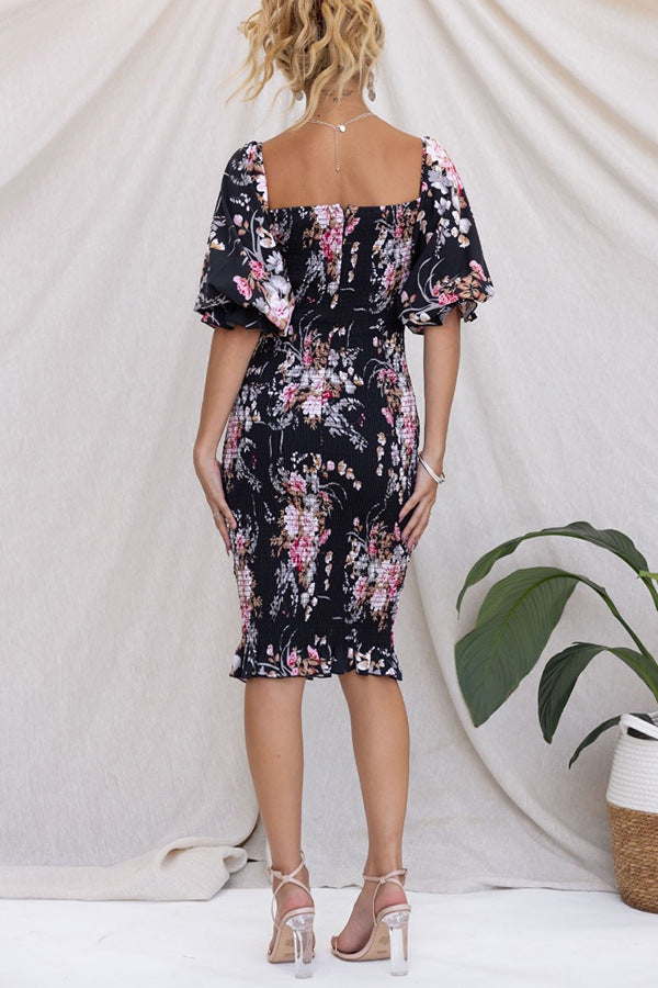 Black Floral Printed Square Neck Puff Sleeve A-Line Dress
