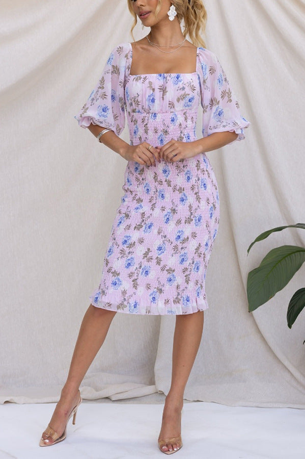 Lavender Floral Printed Smocked Bodycon Dress