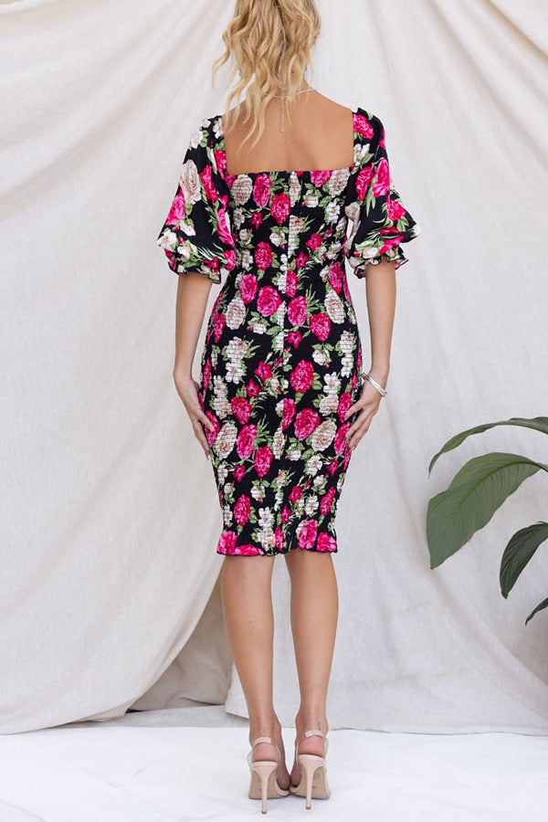 Black Floral Printed Puff Sleeves Smocked Bodycon Dress