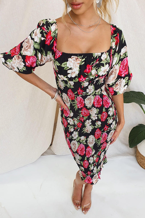 Black Floral Printed Puff Sleeves Smocked Bodycon Dress