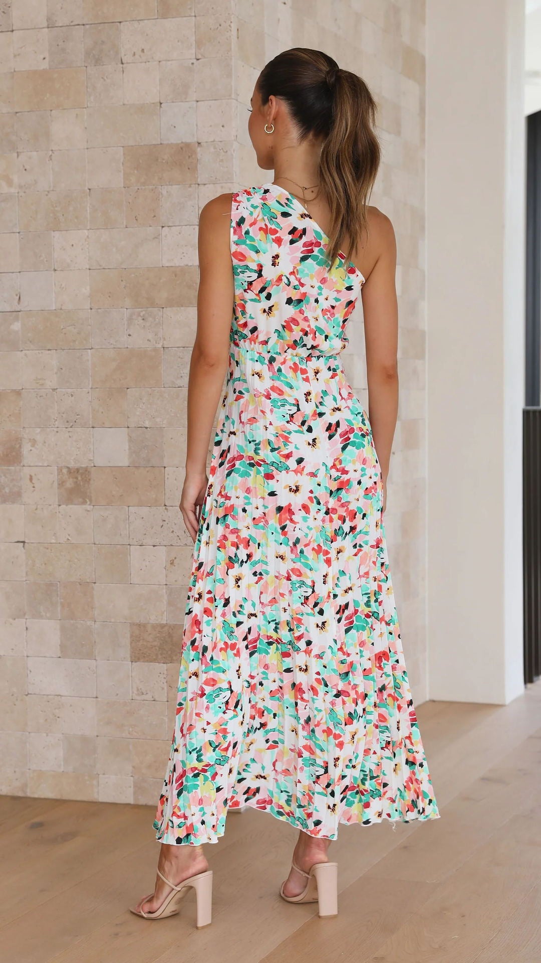 White & Pink Abstract Printed Accordion Pleated Fit & Flare Dress