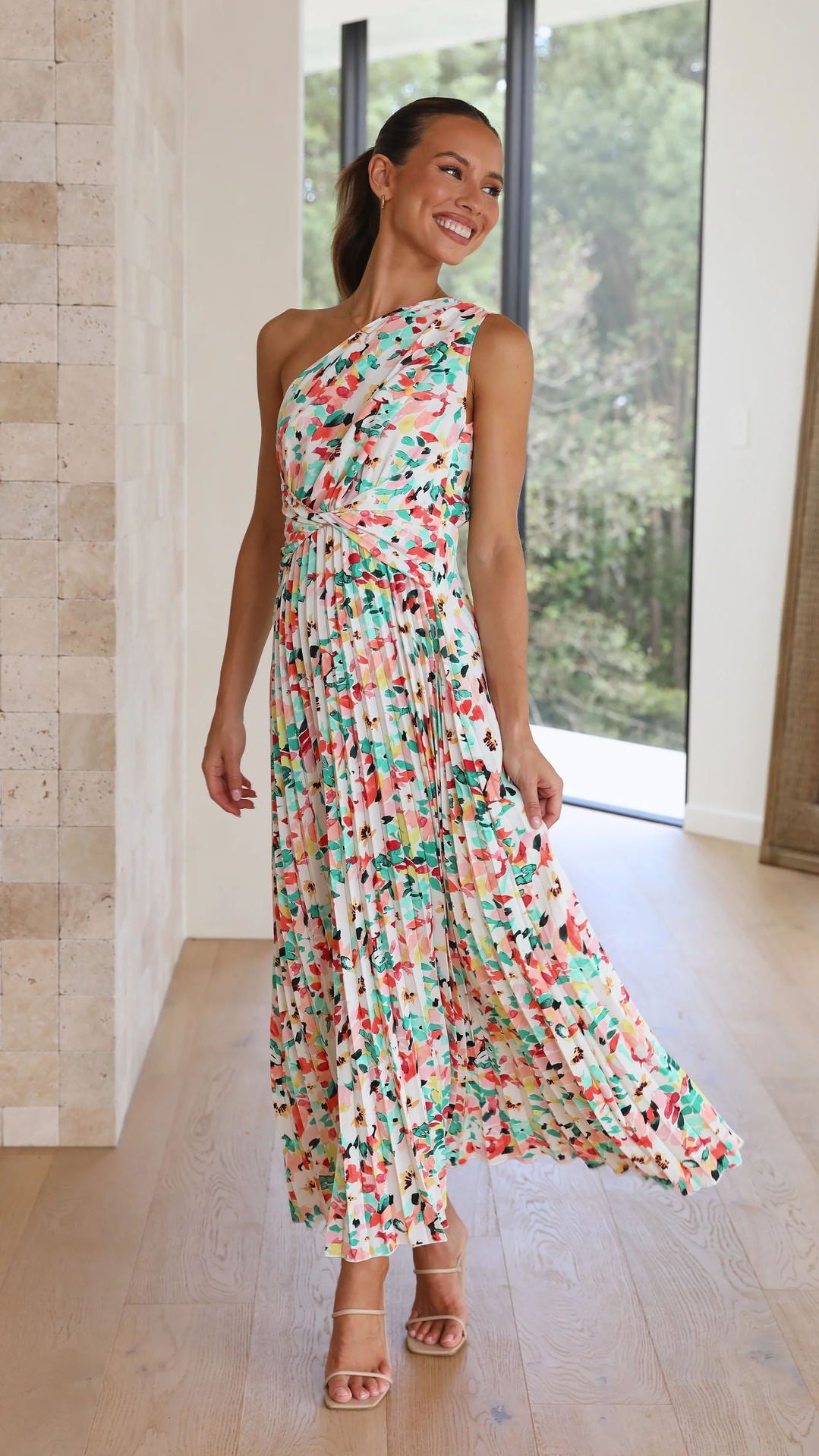White & Pink Abstract Printed Accordion Pleated Fit & Flare Dress